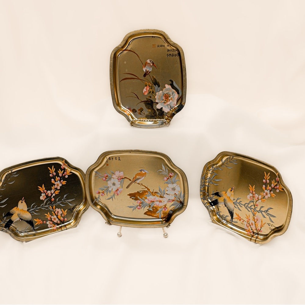 Elite Trays England Set of 4 Gold Chinoiserie Bird Trays Mid Century Tole Style